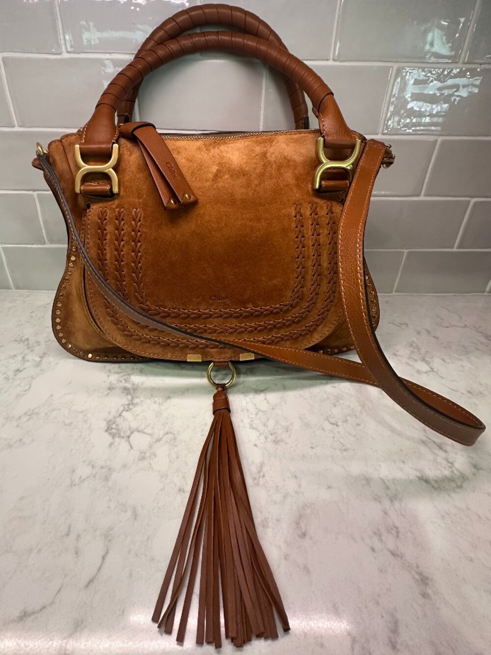 CHLOE MEDIUM MARCIE SATCHEL BAG IN SUEDE LEATHER